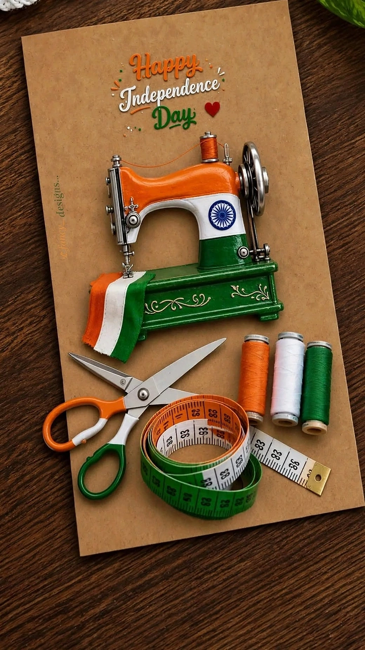 Independence Day creative ad: Sewing machine and threads styled in tricolour