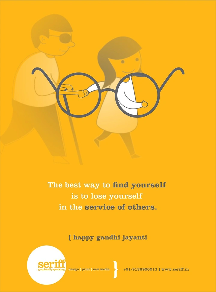 Gandhi Jayanti creative ad: Round spectacles framing a girl guiding a blind man with a cane