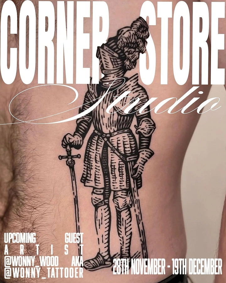 Tattoo Studios creative ad: Knight tattoo on skin framed by bold type