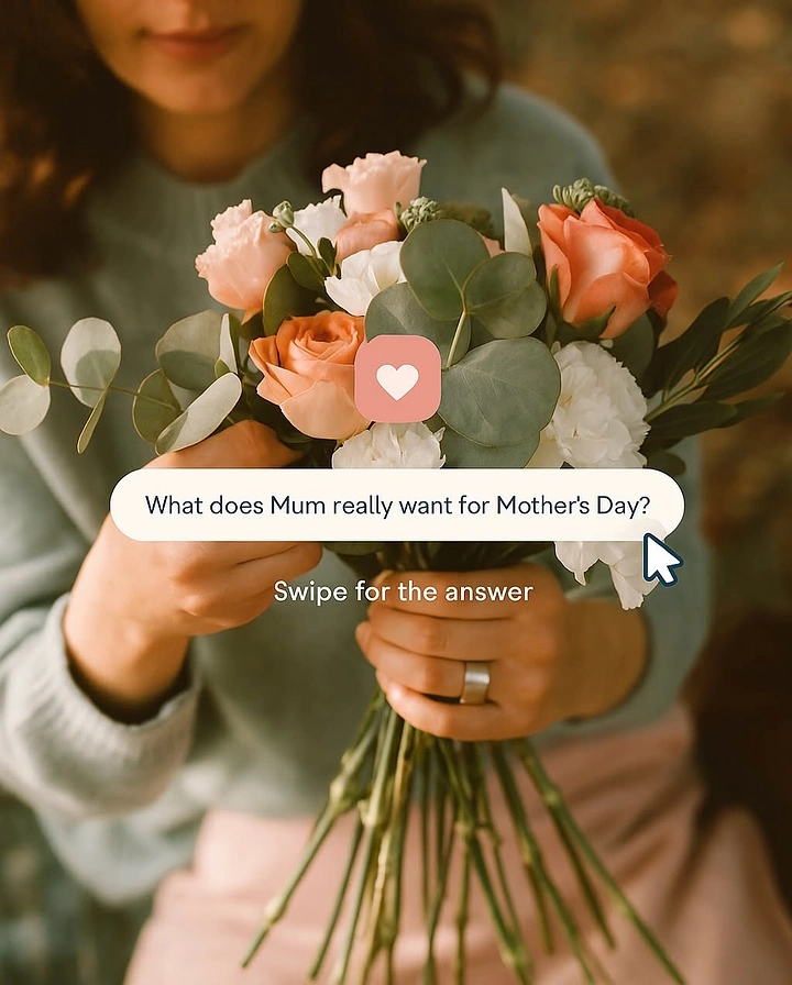 Mother's Day creative ad: Woman holding a pastel rose and eucalyptus bouquet