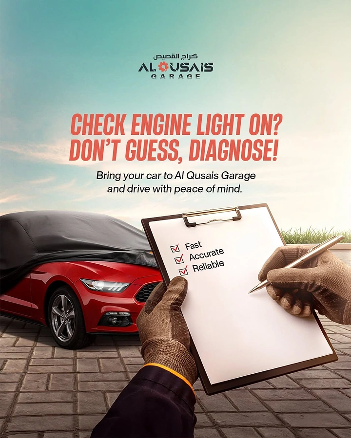Auto Repair & Garages creative ad: Mechanic's gloved hands holding checklist clipboard beside half-covered red car