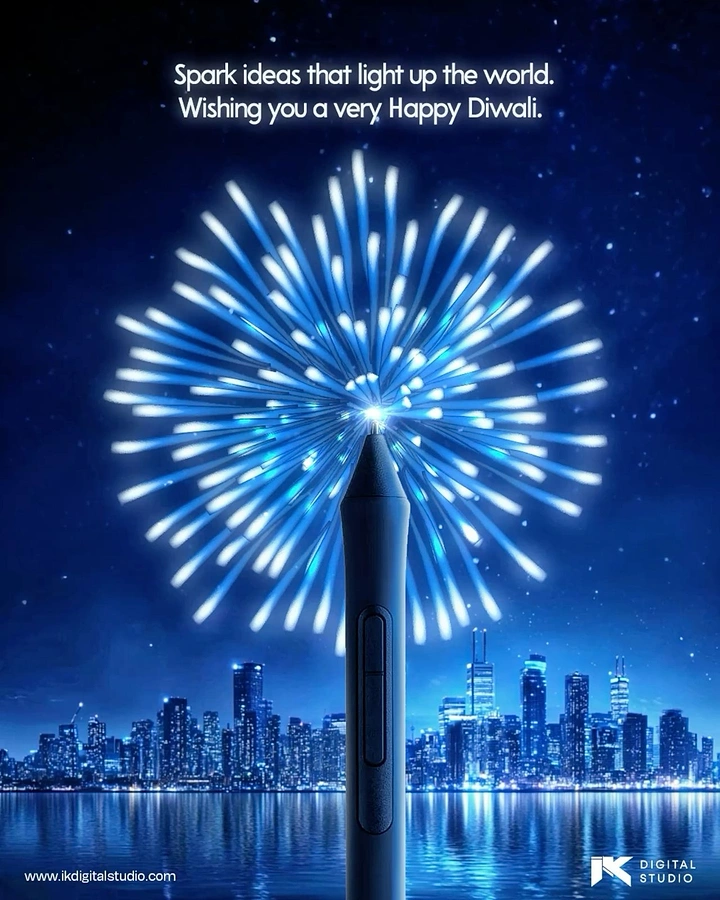 Diwali creative ad: digital stylus tip bursting into a blue firework