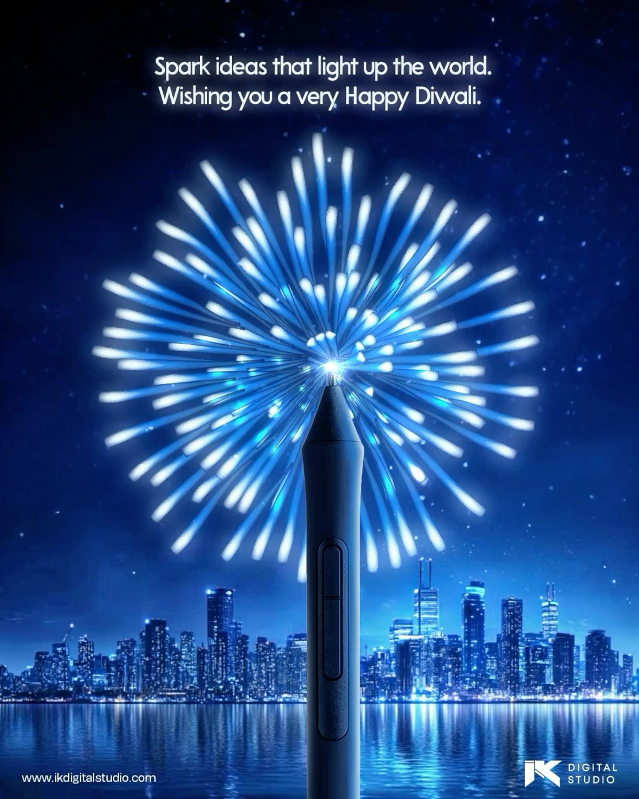 digital stylus tip bursting into a blue firework