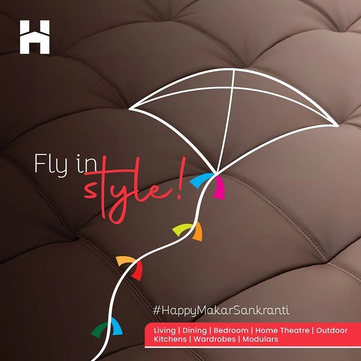 Makar Sankranti creative ad: White line-art kite drawn over close-up of tufted brown leather