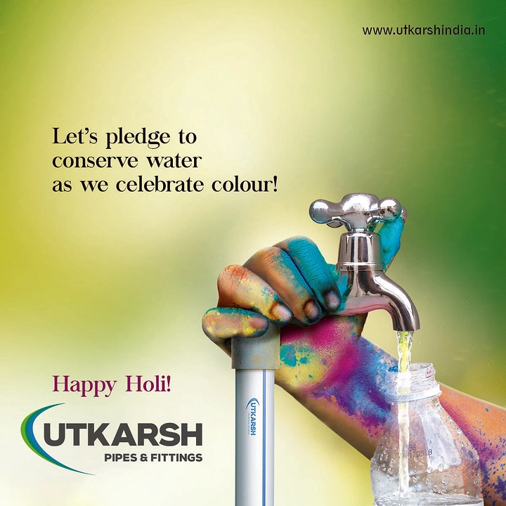 Holi creative ad: Colour-smeared hand turning off a tap mounted on a pipe while filling a bottle
