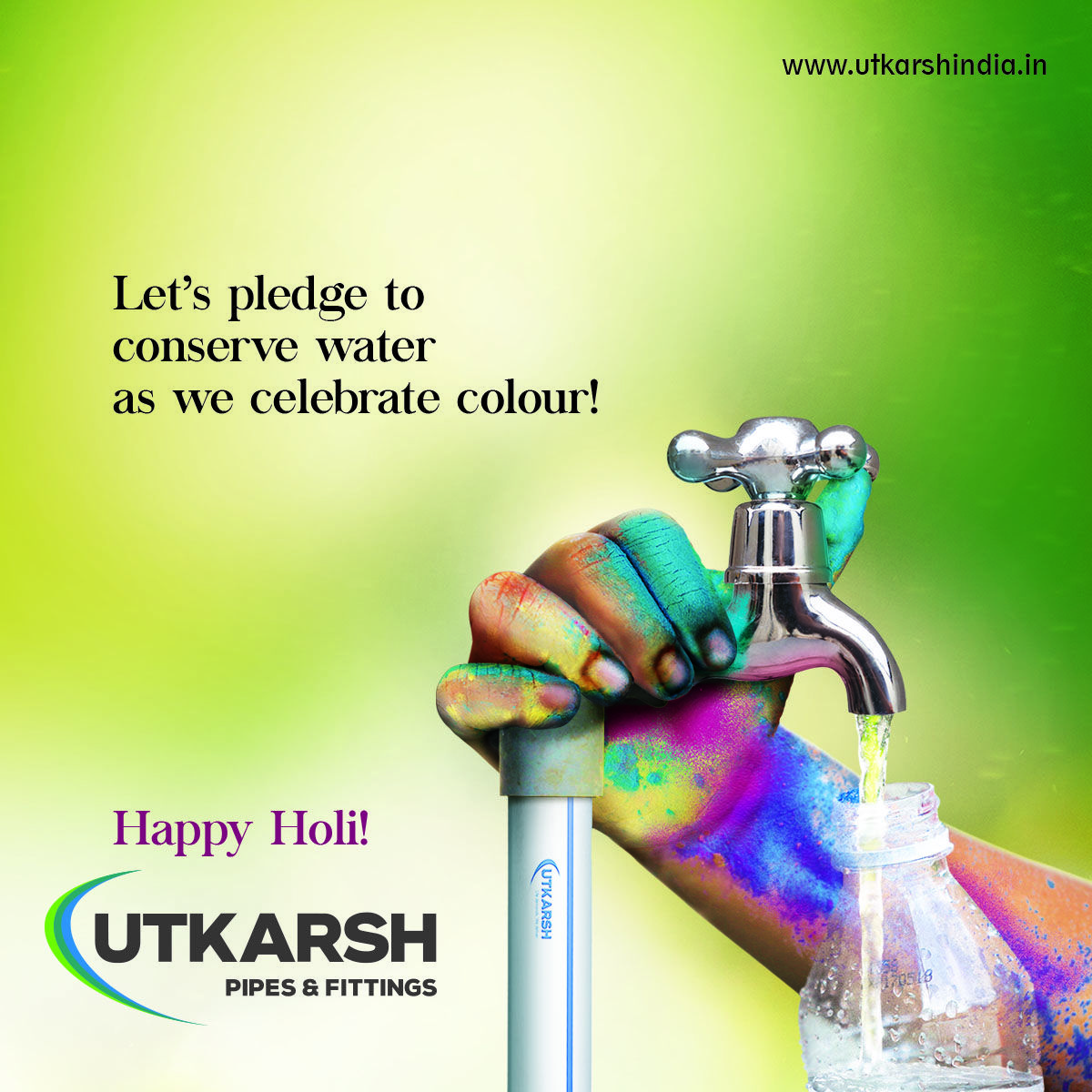 Holi Instagram post: Colour-smeared hand turning off a tap mounted on a pipe while filling a bottle