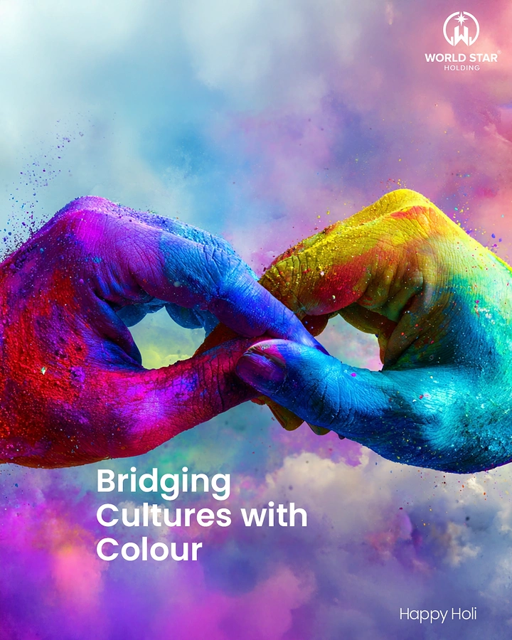 Holi creative ad: Two gulal-covered hands linking fingers in a chain
