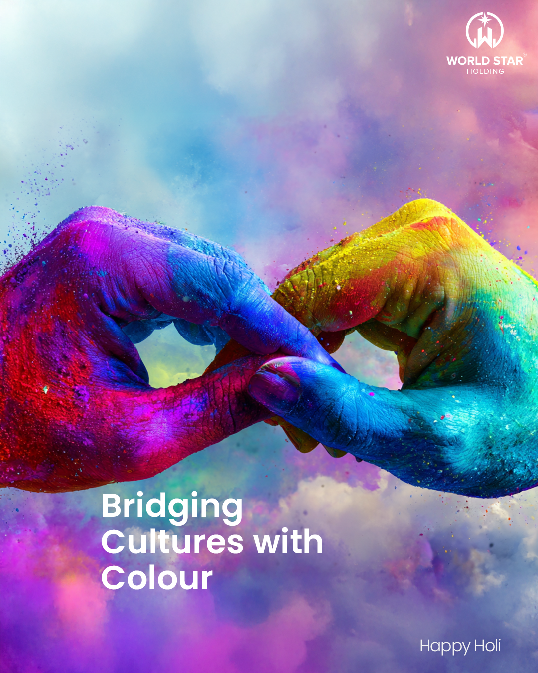 Holi Instagram post: Two gulal-covered hands linking fingers in a chain