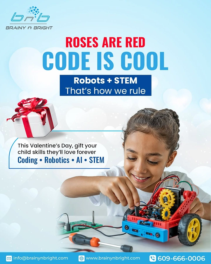 Robotics & STEM Classes creative ad: Valentine coding pun with robot gift