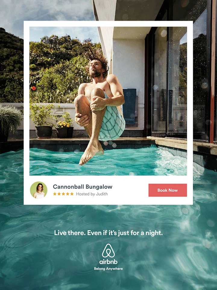 Travel creative ad: Man cannonballing into a pool, framed as a booking-app listing card
