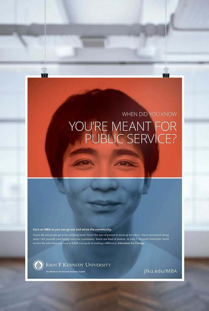 Universities & Colleges creative ad: Split-color portrait reinforces public-service question