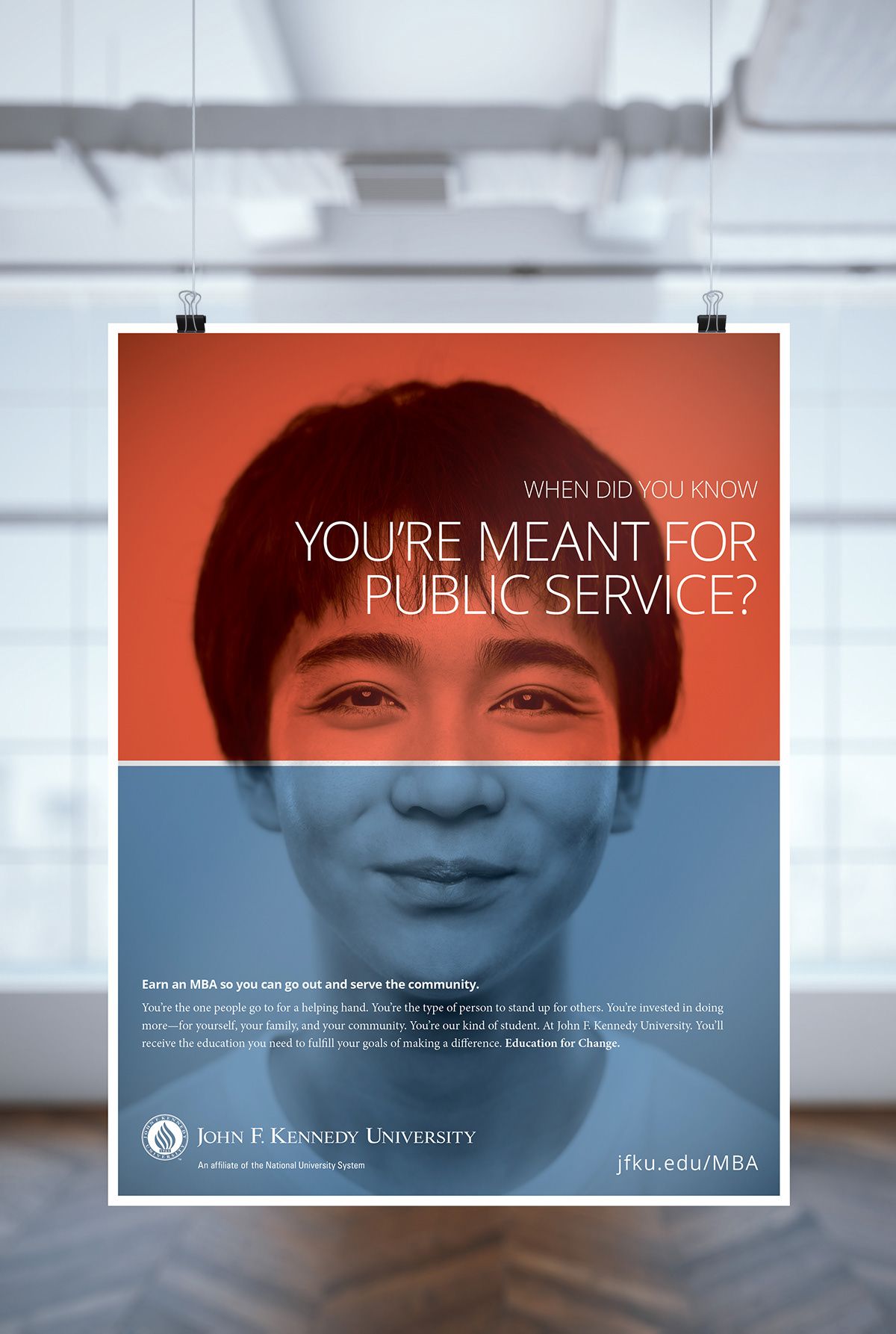 Story: Split-color portrait reinforces public-service question