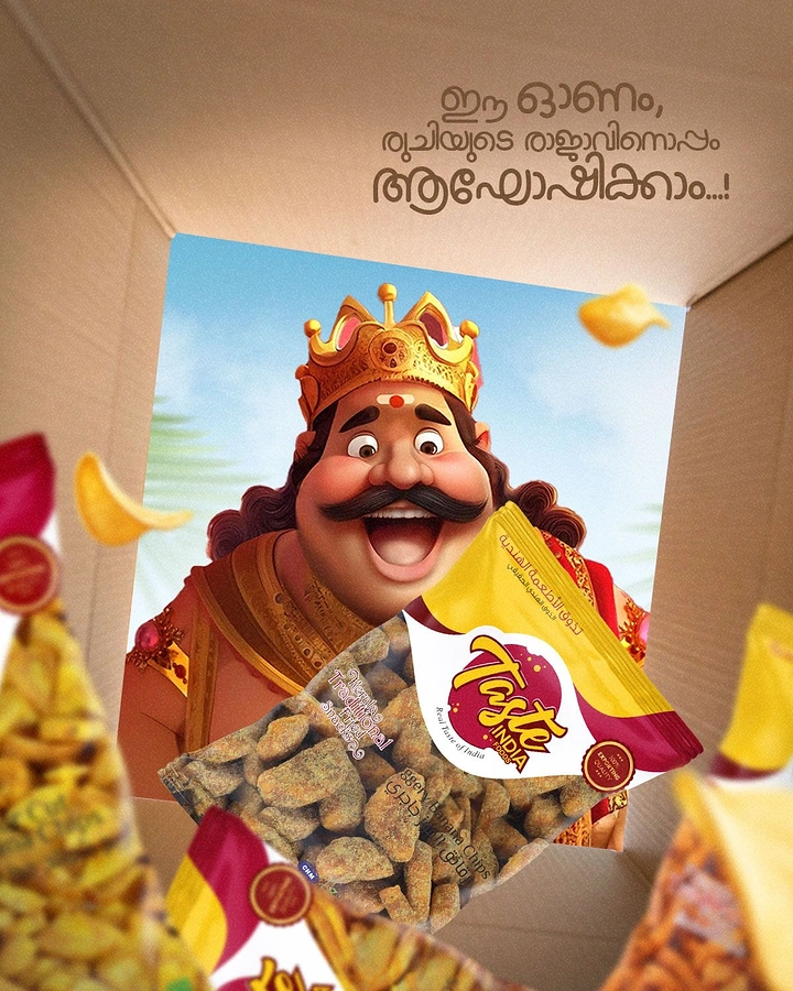 Onam creative ad: Excited 3D Mahabali peering into an open box of snack packets