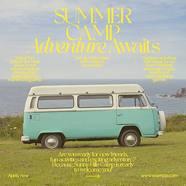 Summer Camps & Kids Activities creative ad: Vintage van turns camp into journey