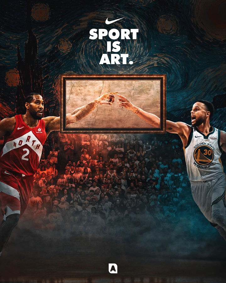 Activewear & Gym Wear creative ad: Two basketball players reaching toward a framed Creation of Adam fresco