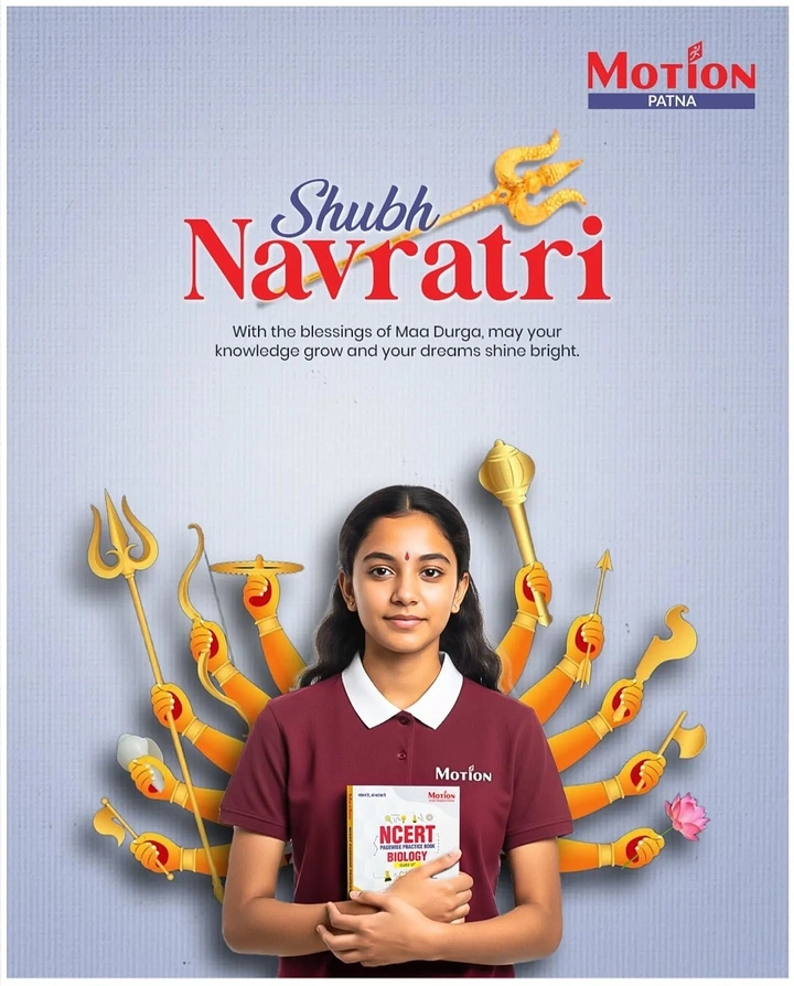 Navratri creative ad: Schoolgirl holding a biology book with golden Durga arms fanning behind her