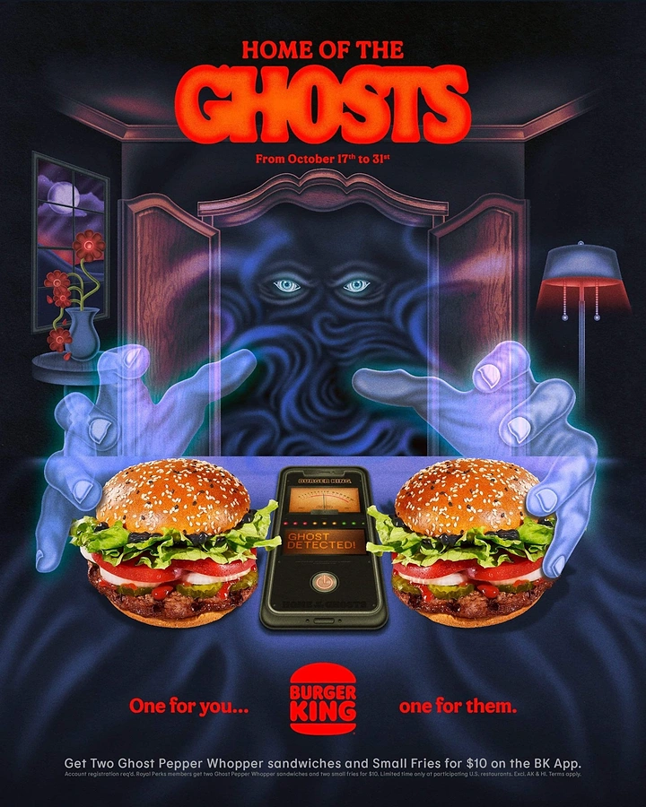 Halloween creative ad: Ghost reaching for two burgers beside a ghost-detector phone