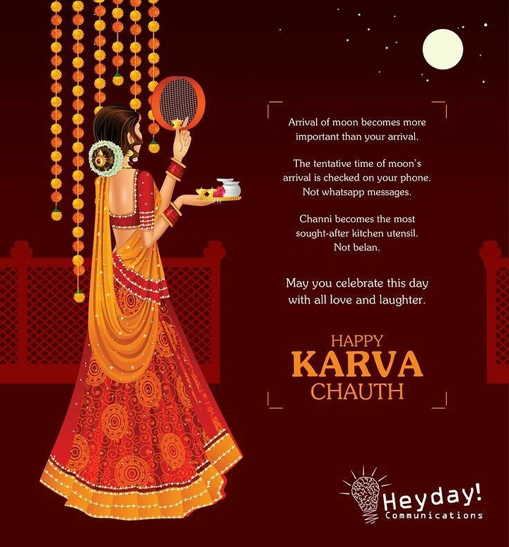 Karwa Chauth creative ad: Illustrated bride from behind holding a chalni and puja thali