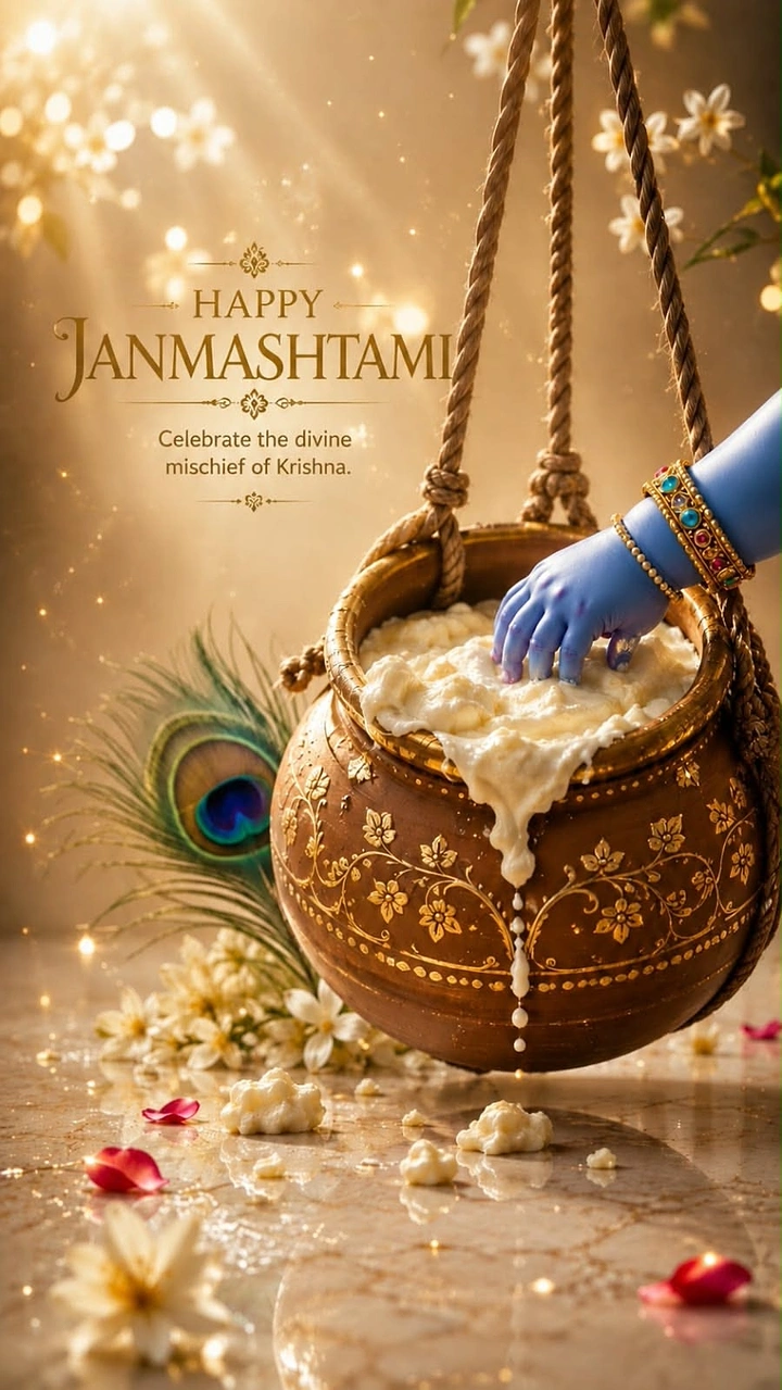 Janmashtami creative ad: Blue child's hand reaching into an overflowing hanging butter pot