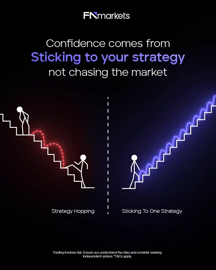 Stock Brokers & Investing creative ad: Split-screen neon staircases contrasting stick figures falling versus steadily climbing