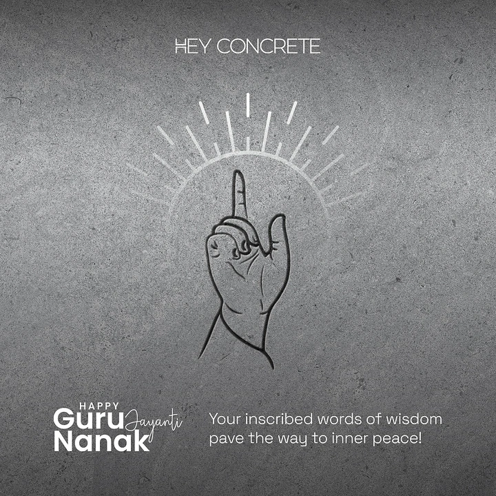 Guru Nanak Jayanti creative ad: Hand pointing upward engraved into concrete with a halo of rays