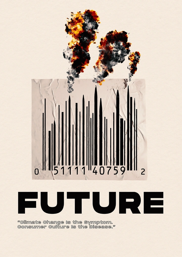 Creative ad: Barcode-sticker skyline of chimneys billowing fiery smoke