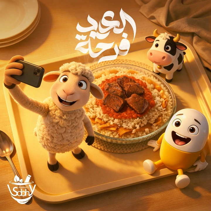 Eid creative ad: 3D cartoon sheep taking a selfie beside an Eid meat-and-rice dish