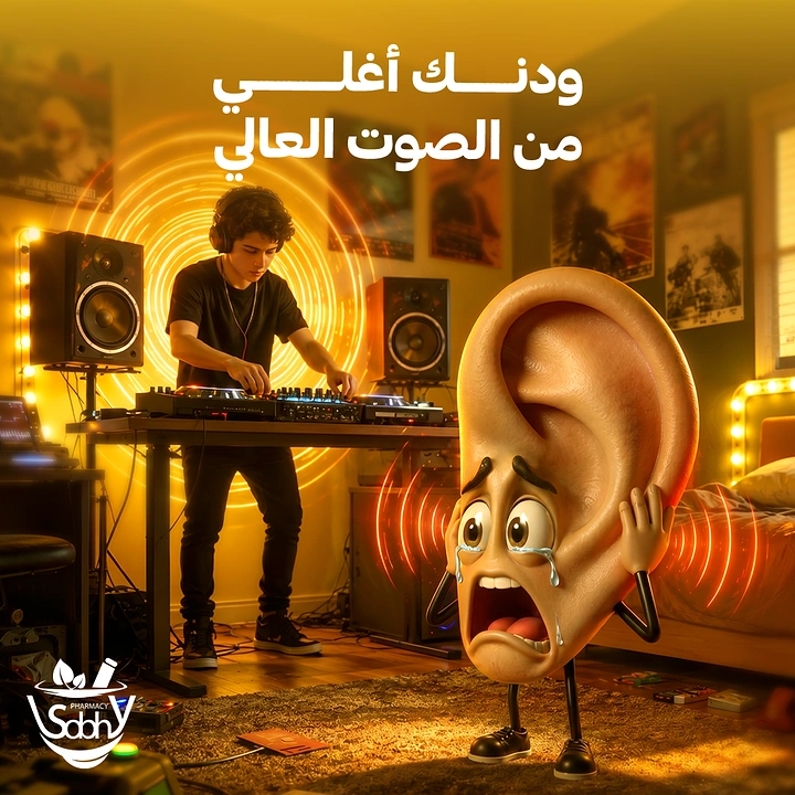 Hearing Aids creative ad: Cartoon ear cringing at loud DJ
