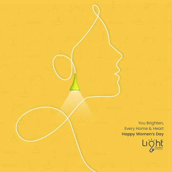 Women's Day creative ad: Lamp cord drawing a woman's profile with a pendant earring lamp