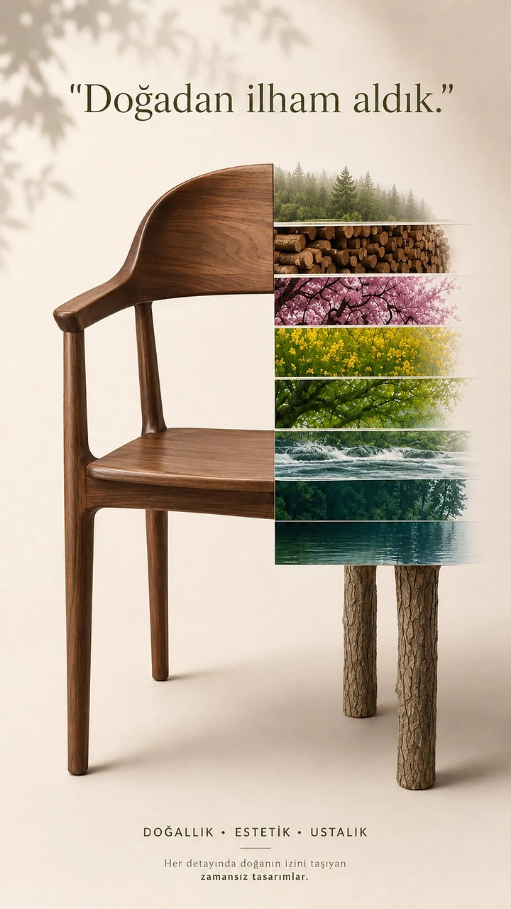 Furniture creative ad: Walnut chair whose right half is made of stacked nature landscape slices
