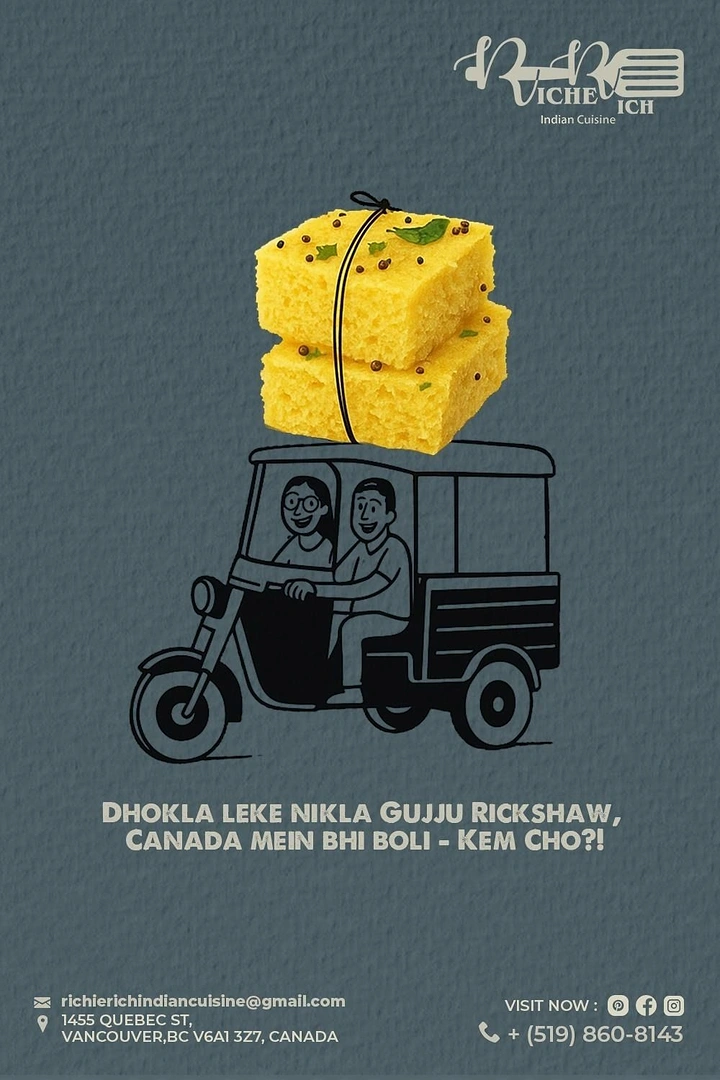 Indian Restaurants creative ad: Rickshaw visual supports playful dhokla pun