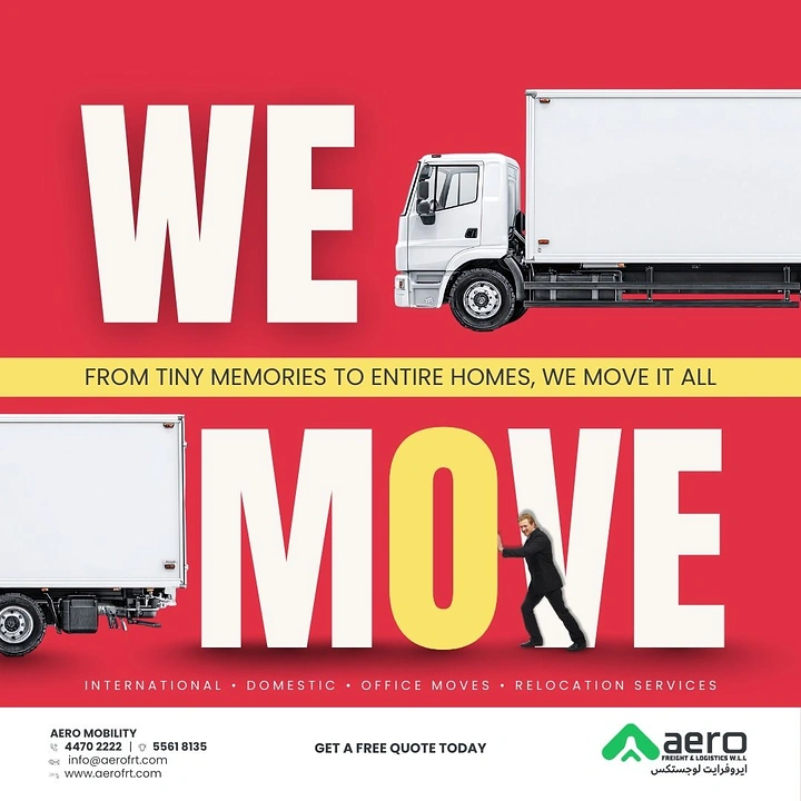 Movers & Packers creative ad: Man pushing giant MOVE letters
