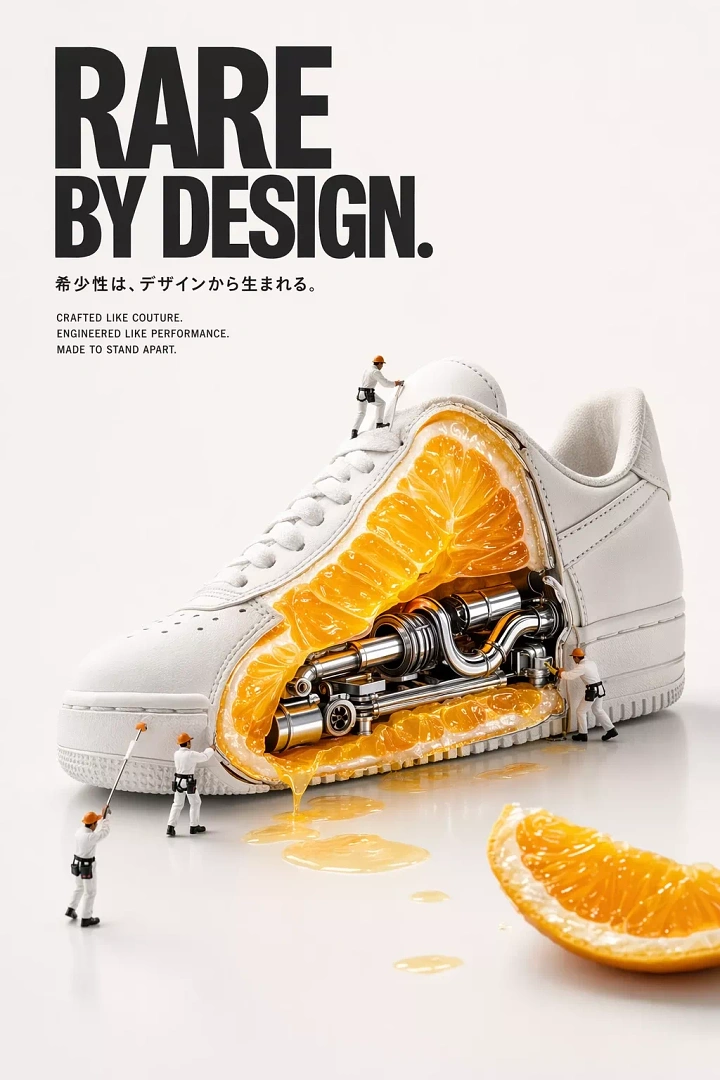 Sneakers & Footwear creative ad: White sneaker cut away to show orange flesh and engine inside, with miniature workers