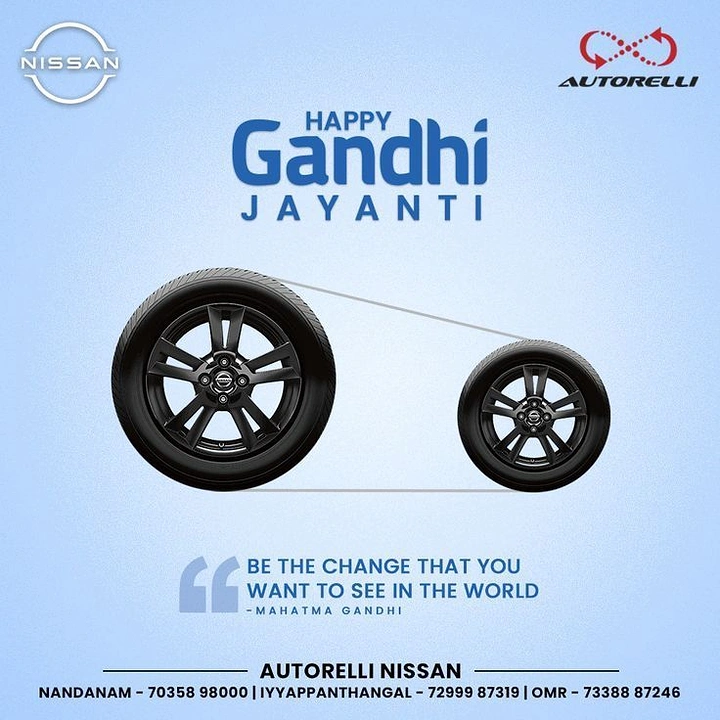 Gandhi Jayanti creative ad: Two car alloy wheels connected by a belt forming a charkha