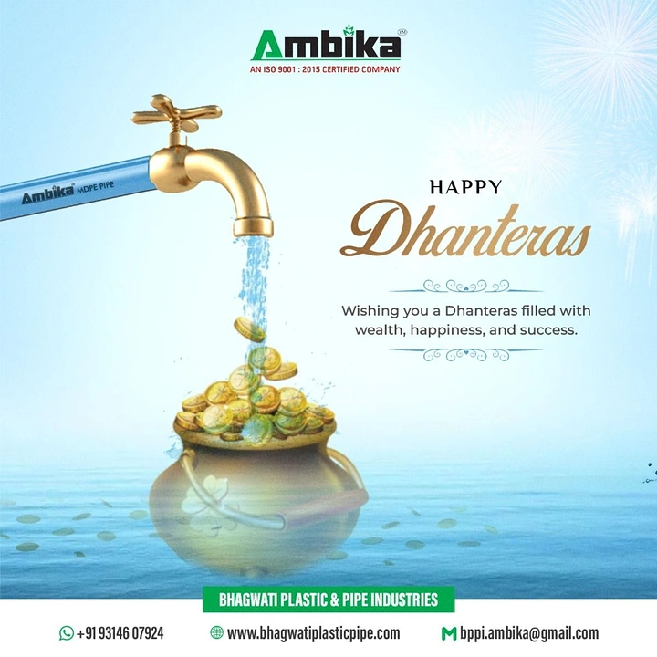 Dhanteras creative ad: Brass tap on blue pipe pouring water and gold coins into a pot