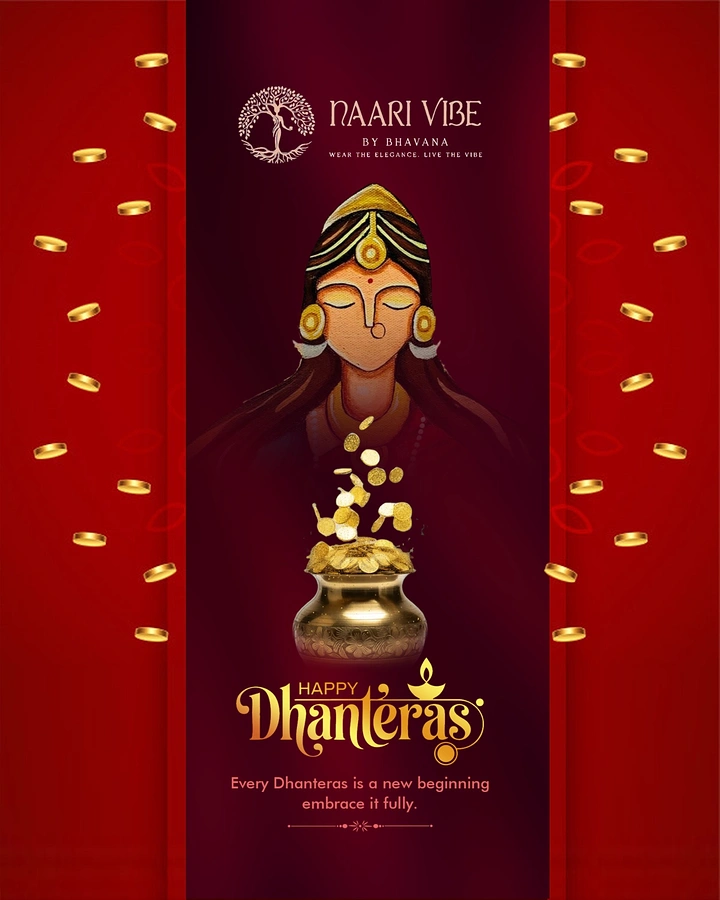Dhanteras creative ad: Painted serene goddess with coins falling into a brass pot