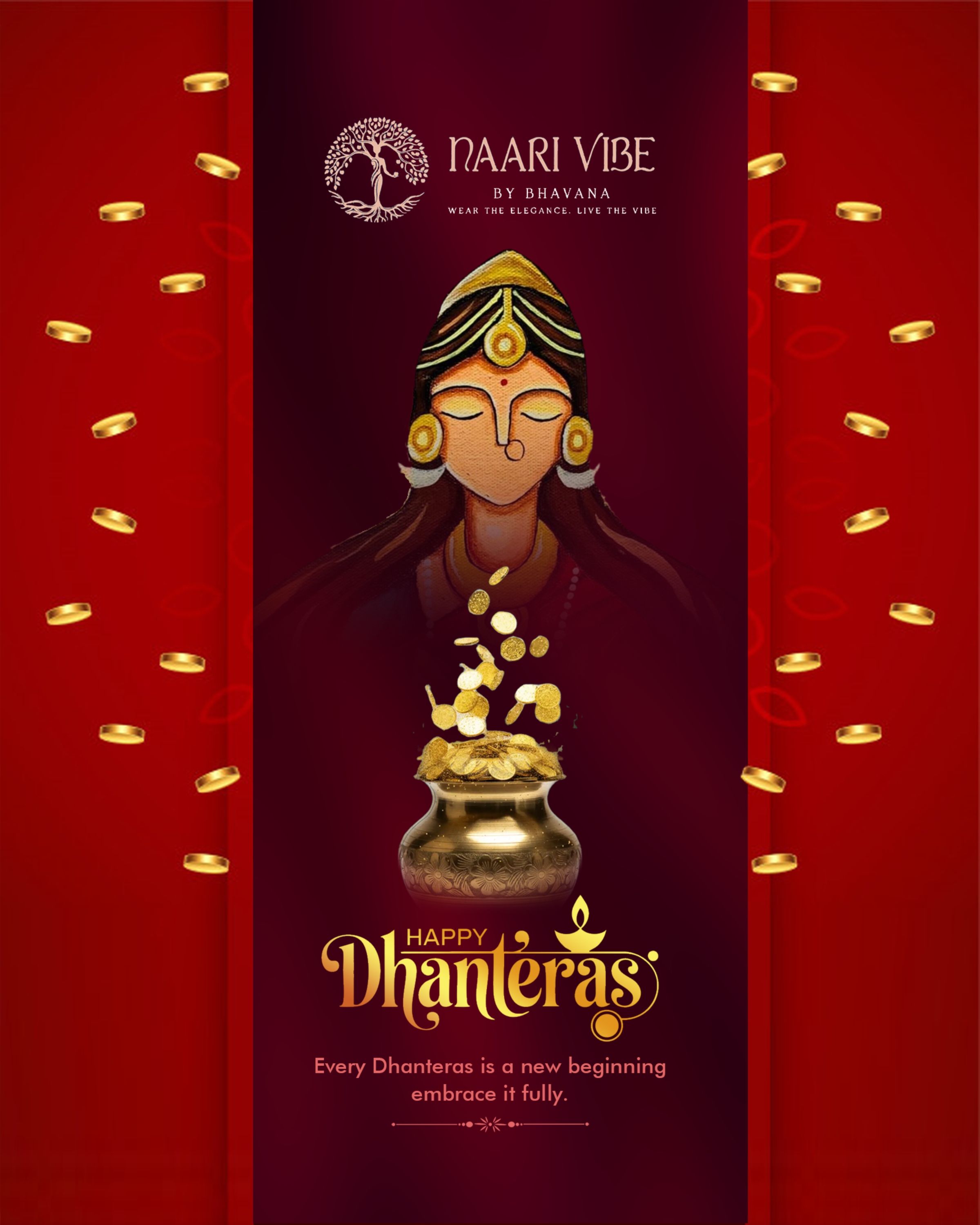 Painted serene goddess with coins falling into a brass pot