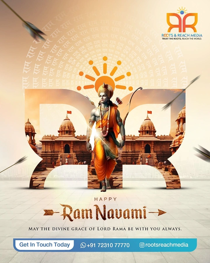 other-festival creative ad: Lord Rama walking through a monogram cutout framing temples