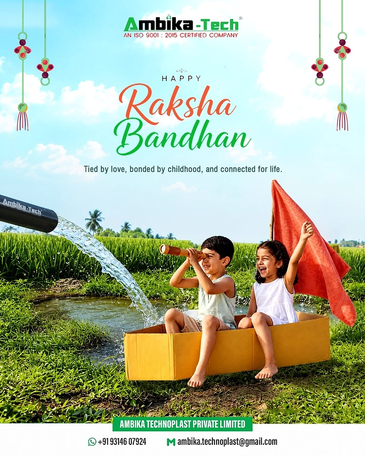 Raksha Bandhan creative ad: Brother and sister playing in a cardboard boat beside a gushing water pipe in a green field