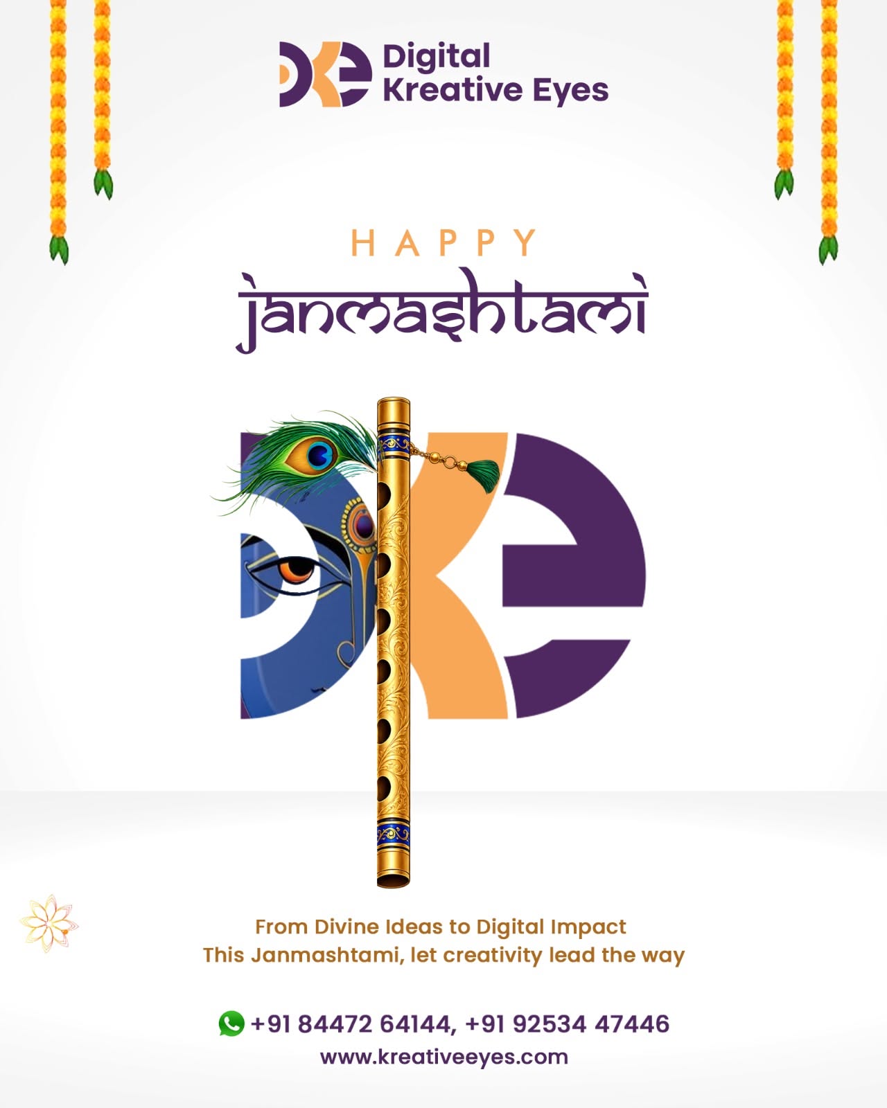 Brand monogram merged with Krishna's face and a golden flute