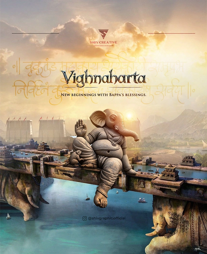 Ganesh Chaturthi creative ad: Giant stone Ganesha seated on an elephant-supported bridge over a river