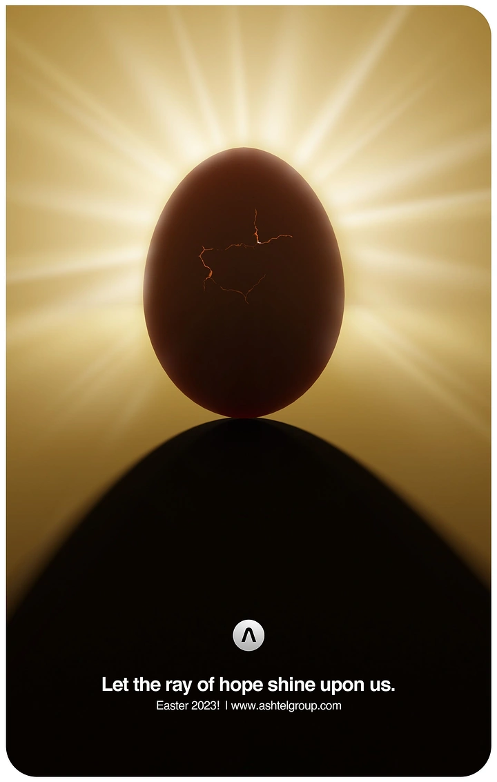 Easter creative ad: backlit brown egg with glowing crack atop a dark hill
