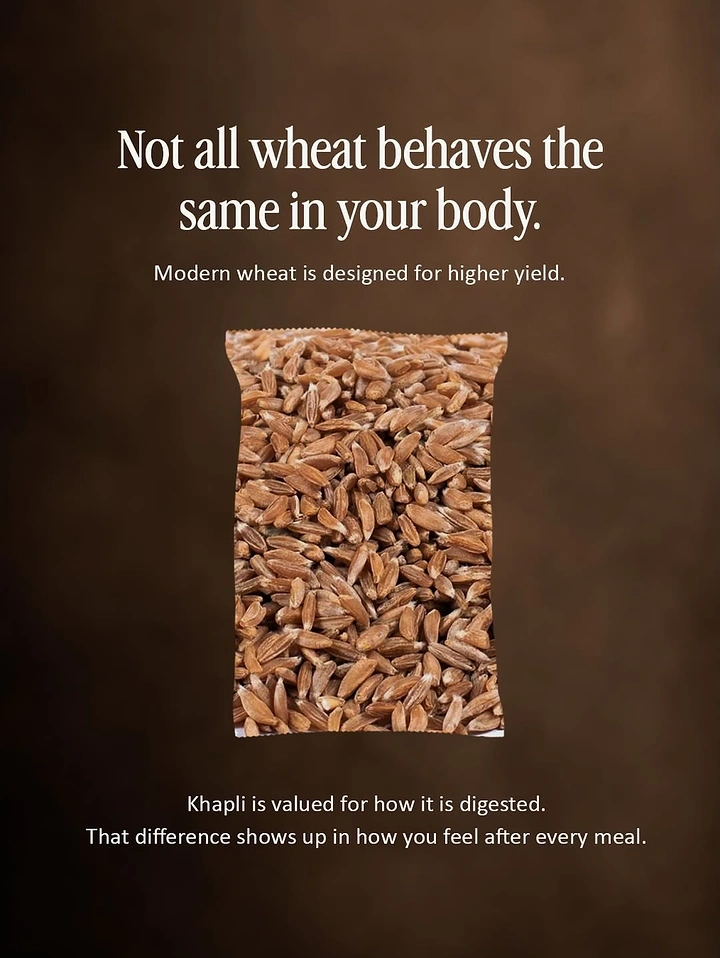 Rice, Atta & Flour Brands creative ad: Pouch silhouette filled with emmer wheat grains