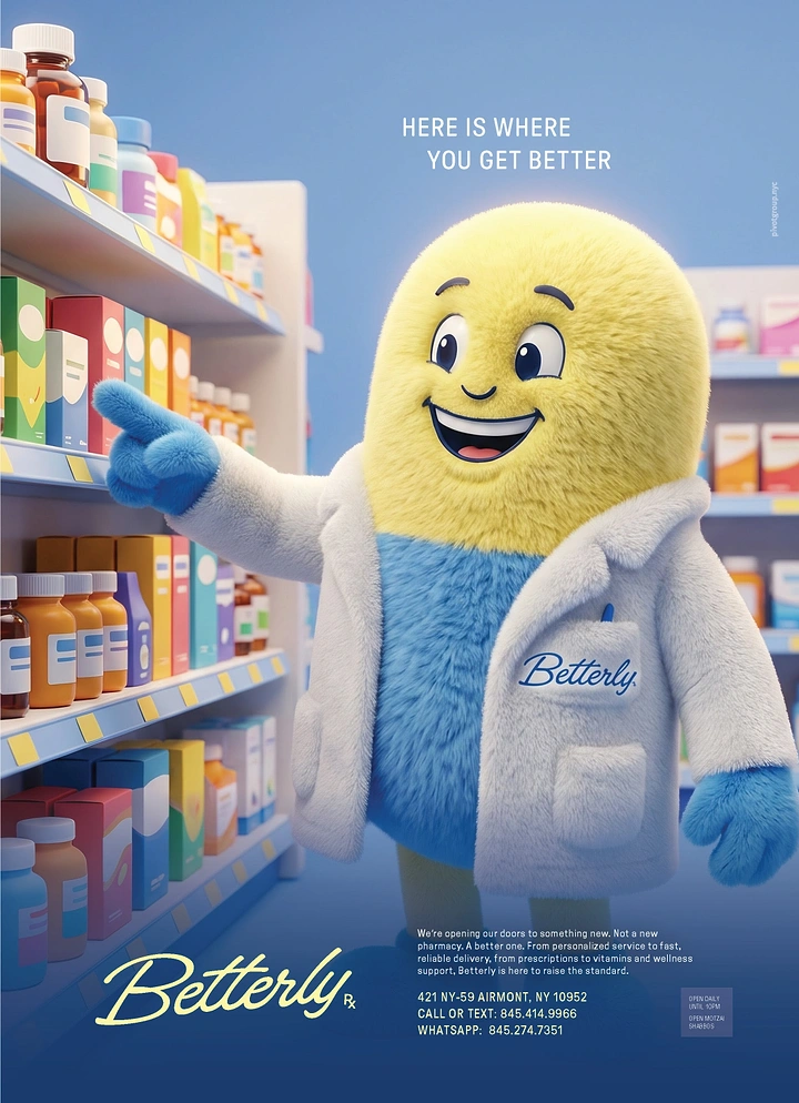 Creative ad: Fluffy yellow-and-blue pill mascot in a lab coat pointing at pharmacy shelves