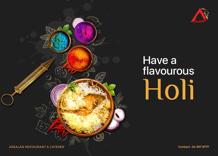 Holi creative ad: Top-down biryani bowl with bowls of Holi colour powder and brass pichkari
