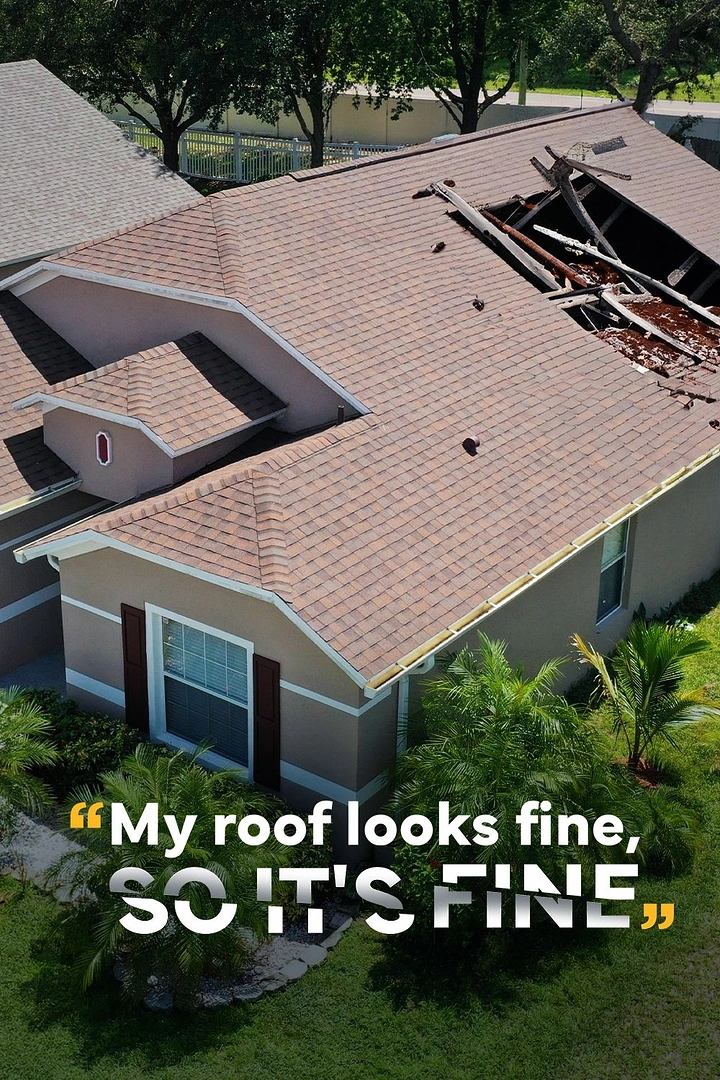 Roofing creative ad: Ironic 'looks fine' over damaged roof