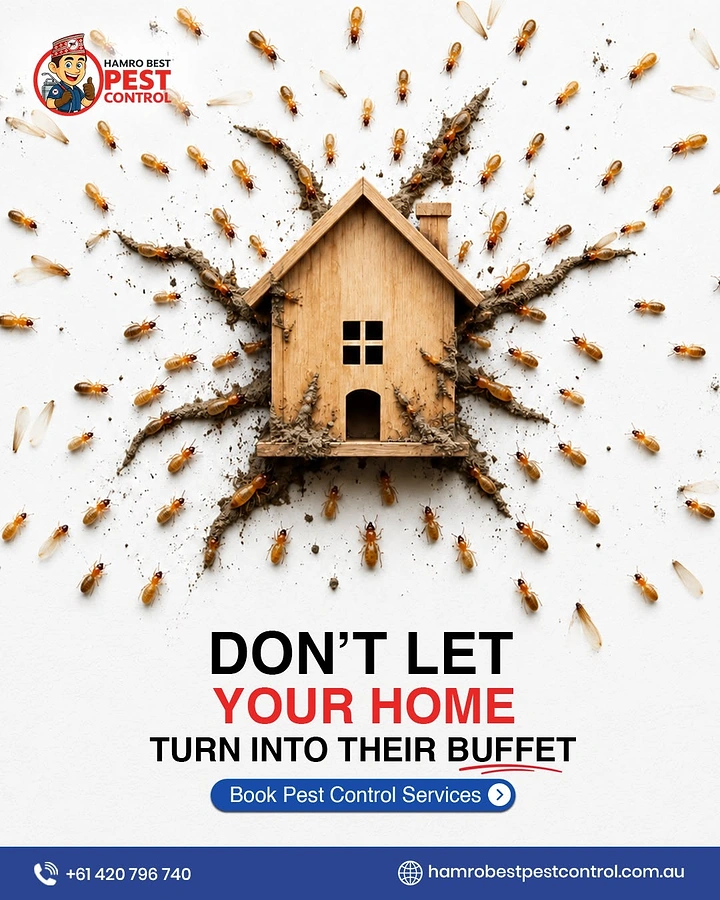 Pest Control creative ad: Termites devour house: 'their buffet' copy