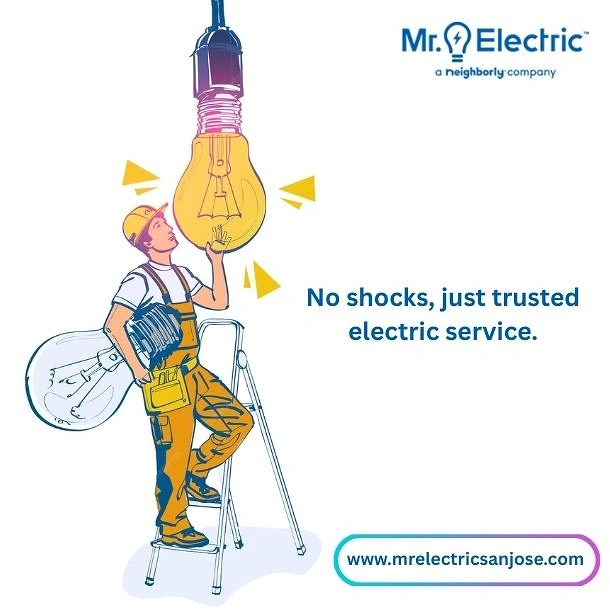 Electricians creative ad: Illustrated giant bulb, 'No shocks' wordplay