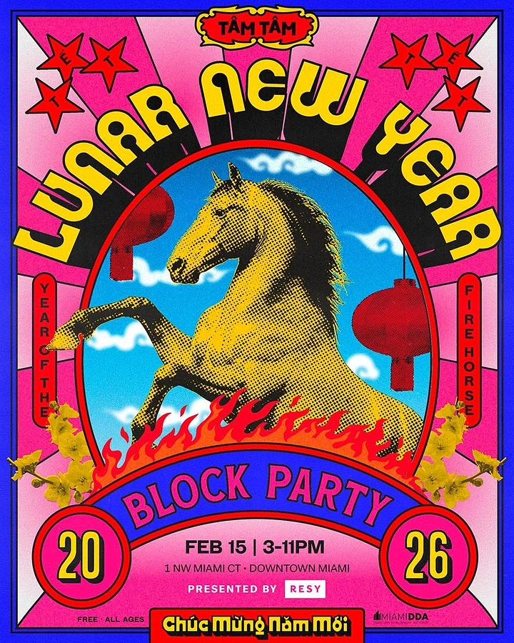 Lunar New Year creative ad: Rearing halftone horse rising from flames in an oval sky window