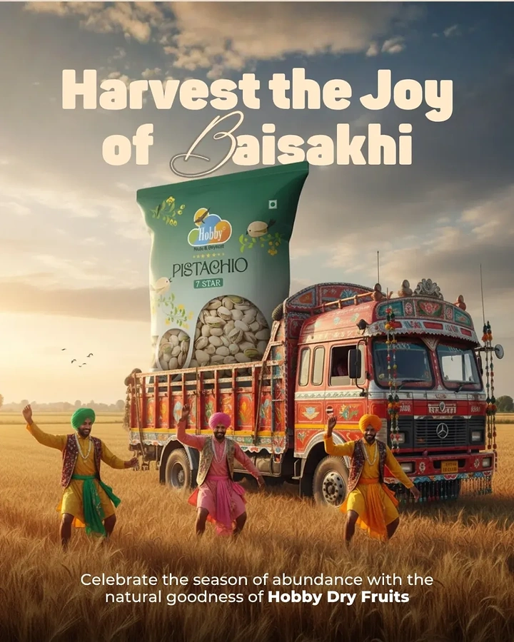 other-festival creative ad: Giant pistachio pack on a decorated truck with bhangra dancers in wheat field